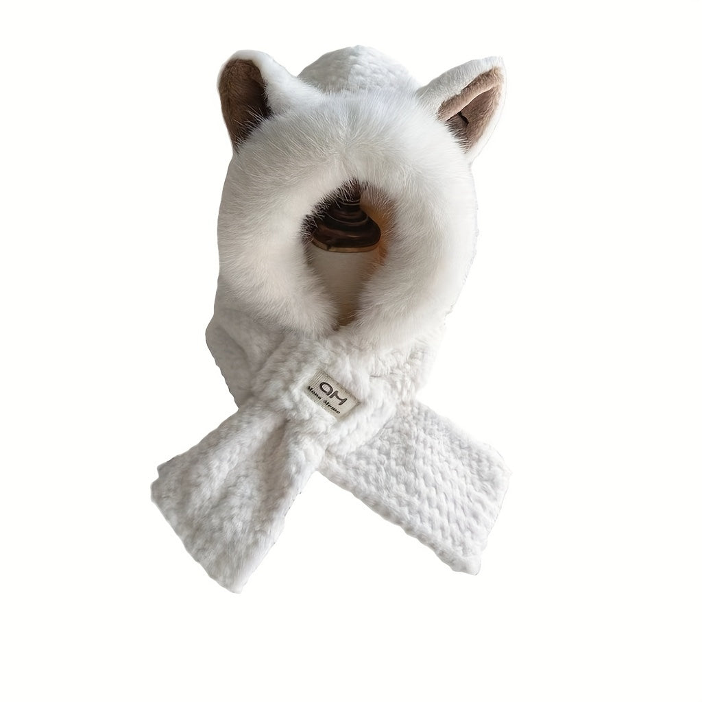Plush Fox Ear Hat Scarf with Thick Neck Gaiter Winter Warmth Ear Protection