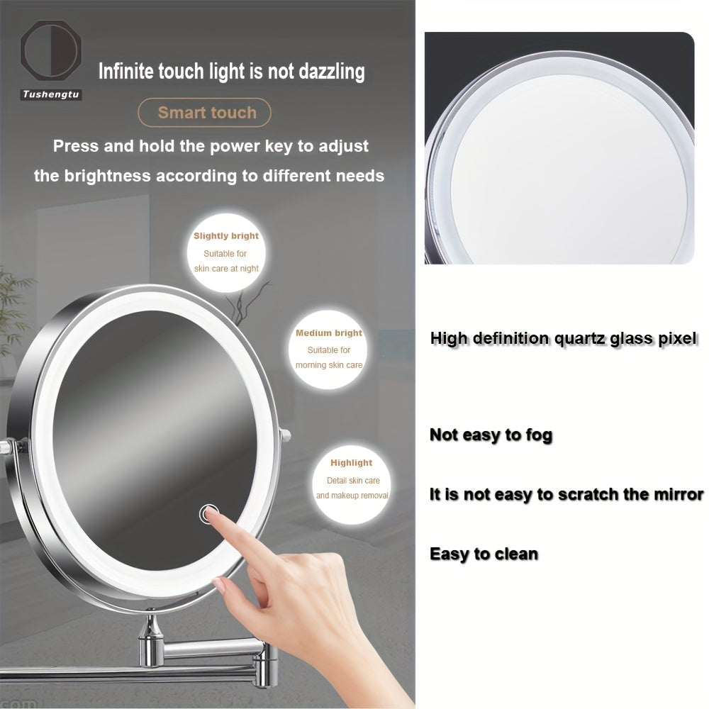 LED Dual-Sided Wall Mount Makeup Mirror with Adjustable Brightness and Foldable Swivel Arm