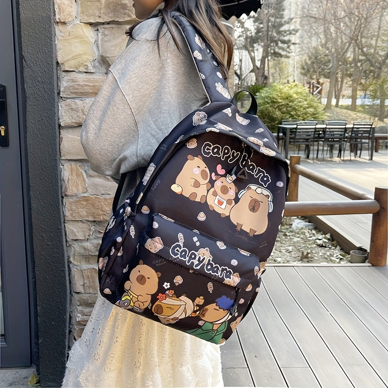 Cute Capybara Pattern Backpack Large Capacity Nylon School Bag with Adjustable Straps