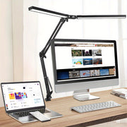 Ultra Wide Double Head LED Desk Lamp Clamp Swing Arm Dimmable USB Powered Black
