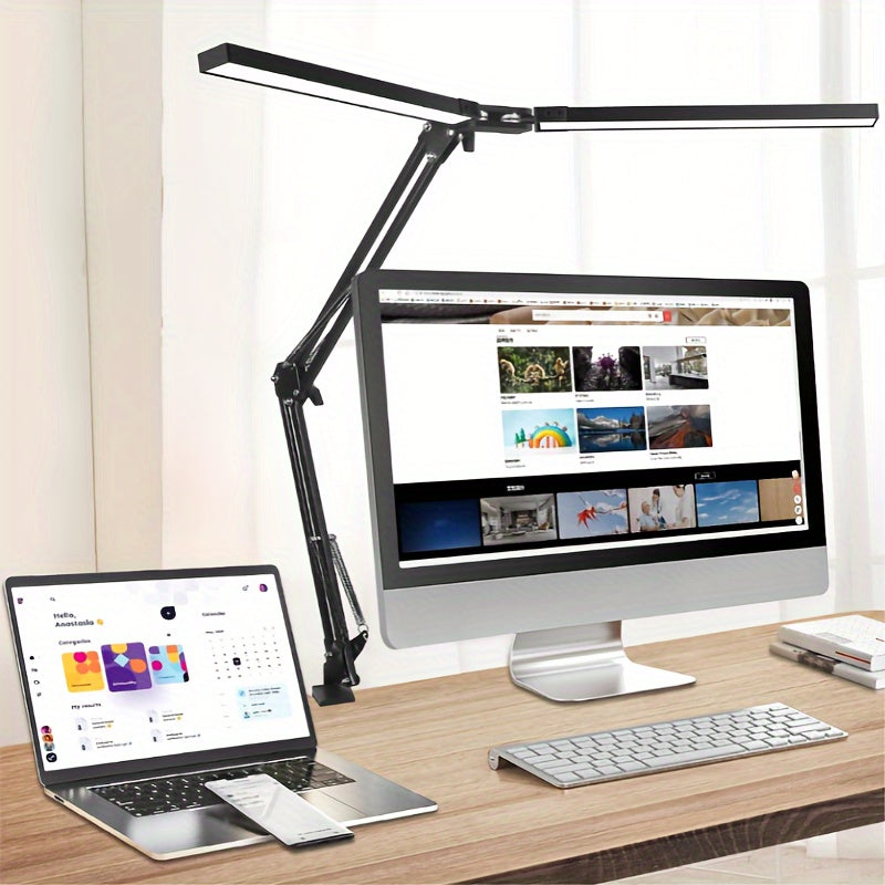 Ultra Wide Double Head LED Desk Lamp Clamp Swing Arm Dimmable USB Powered Black