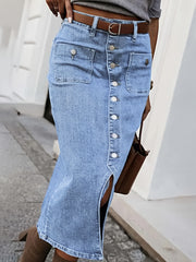 Women's Midi Denim Skirt Casual Bodycon Button Front High Stretch Solid Color Spring Summer Fall