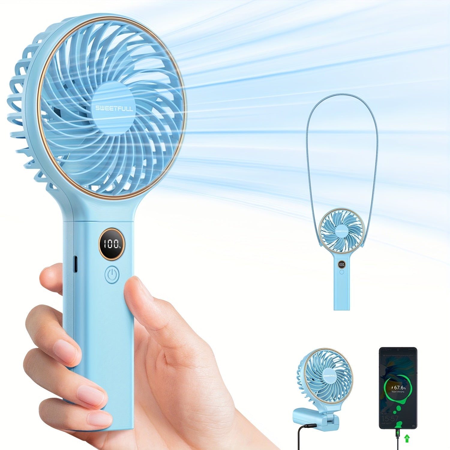 Портативный ручной вентилятор 5000мАч, перезаряжаемый, мини-вентилятор для путешествий с 6 скоростями и LED-дисплеем