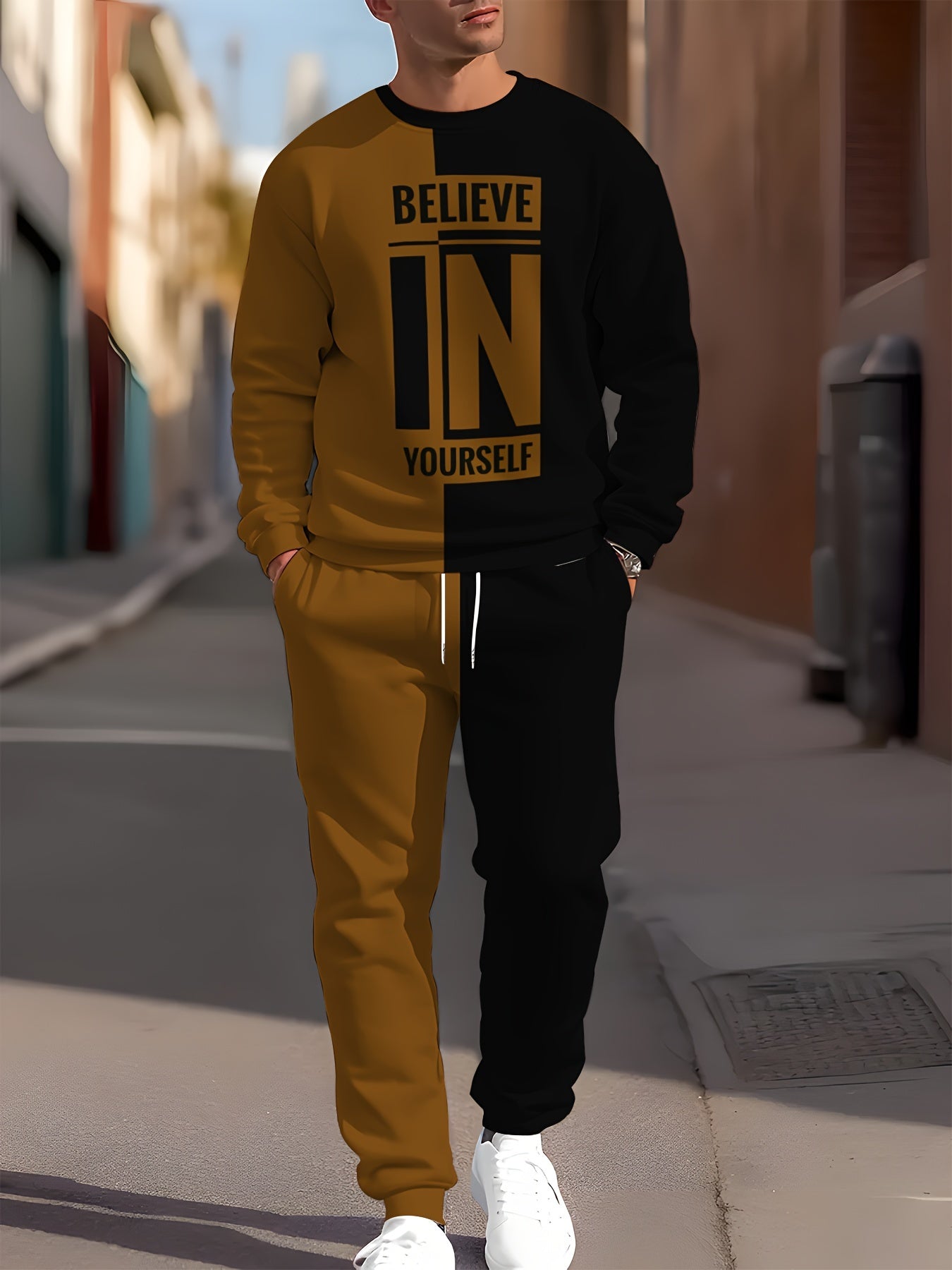 Men's Polyester Knit Tracksuit Crew Neck Long Sleeve Sweatshirt and Joggers with Believe in Yourself Print