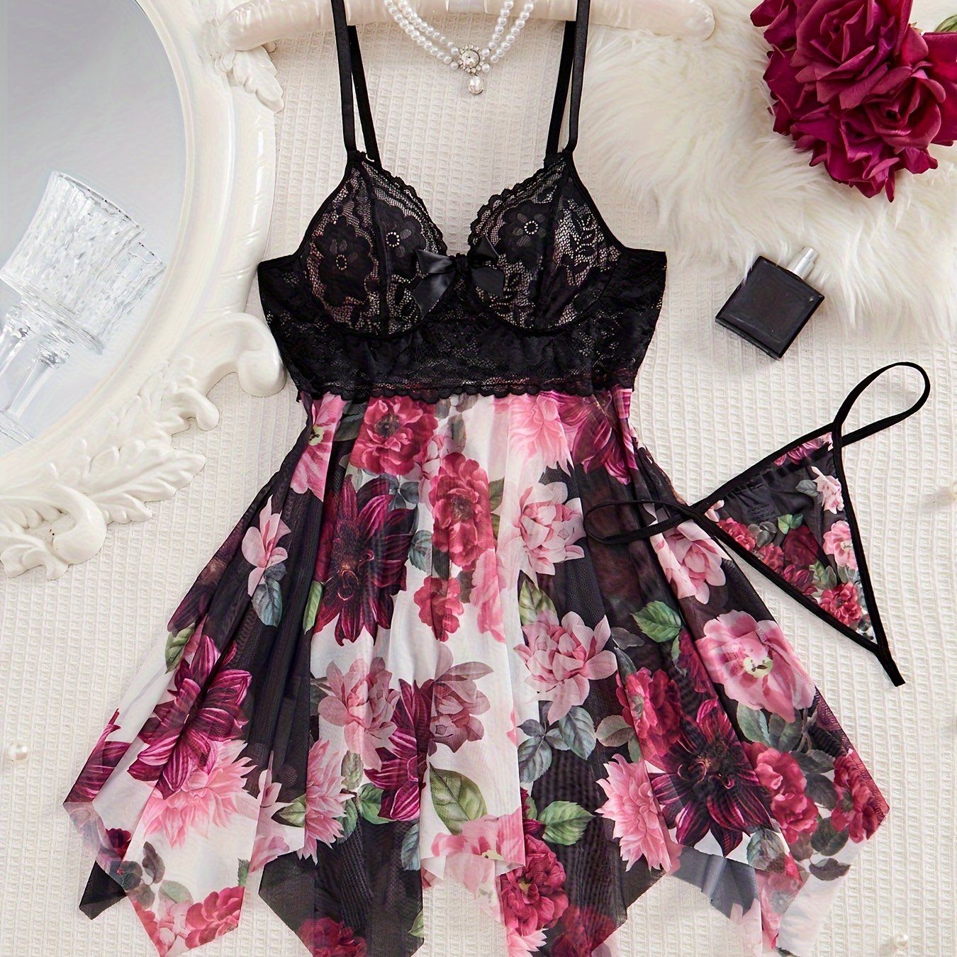 Women's Satin Nightwear Set with Lace Trim and Adjustable Straps