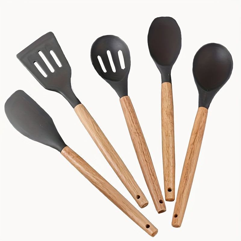 Set of 5 Non-Stick Kitchen Utensils with Wooden Handles for Frying and Cooking