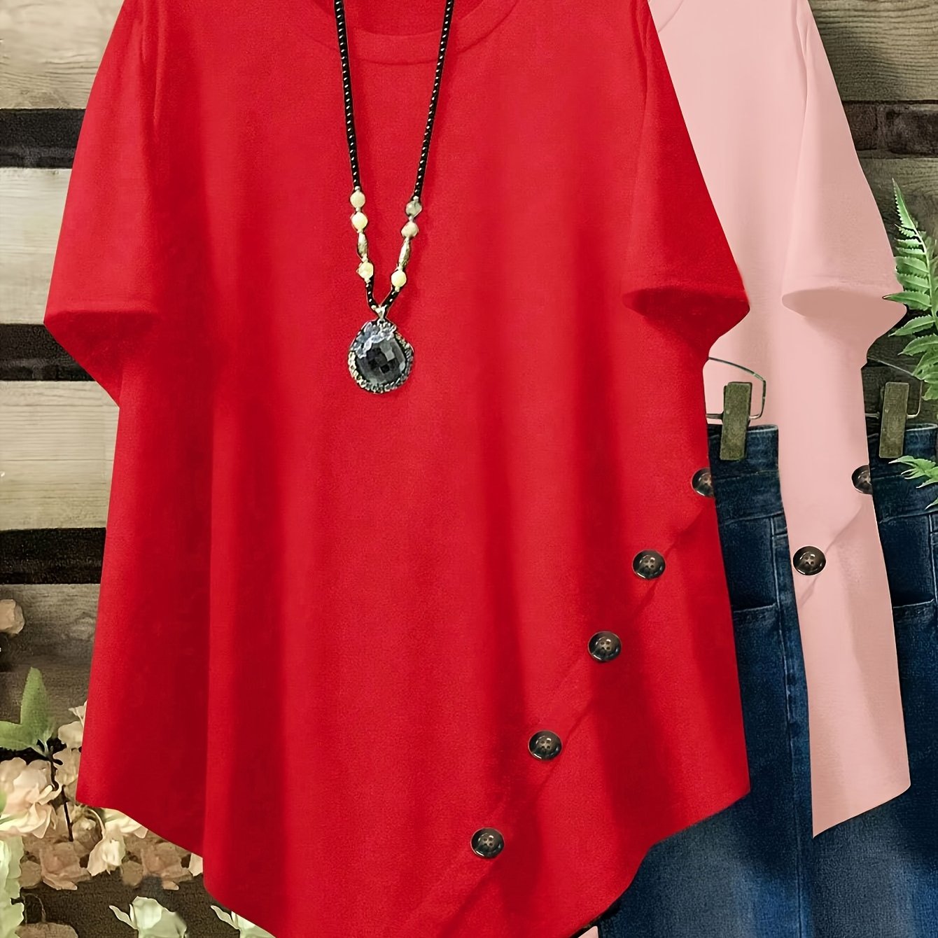 Plus Size Loose Fit Short Sleeve Casual T-Shirts with Button and Asym Hem