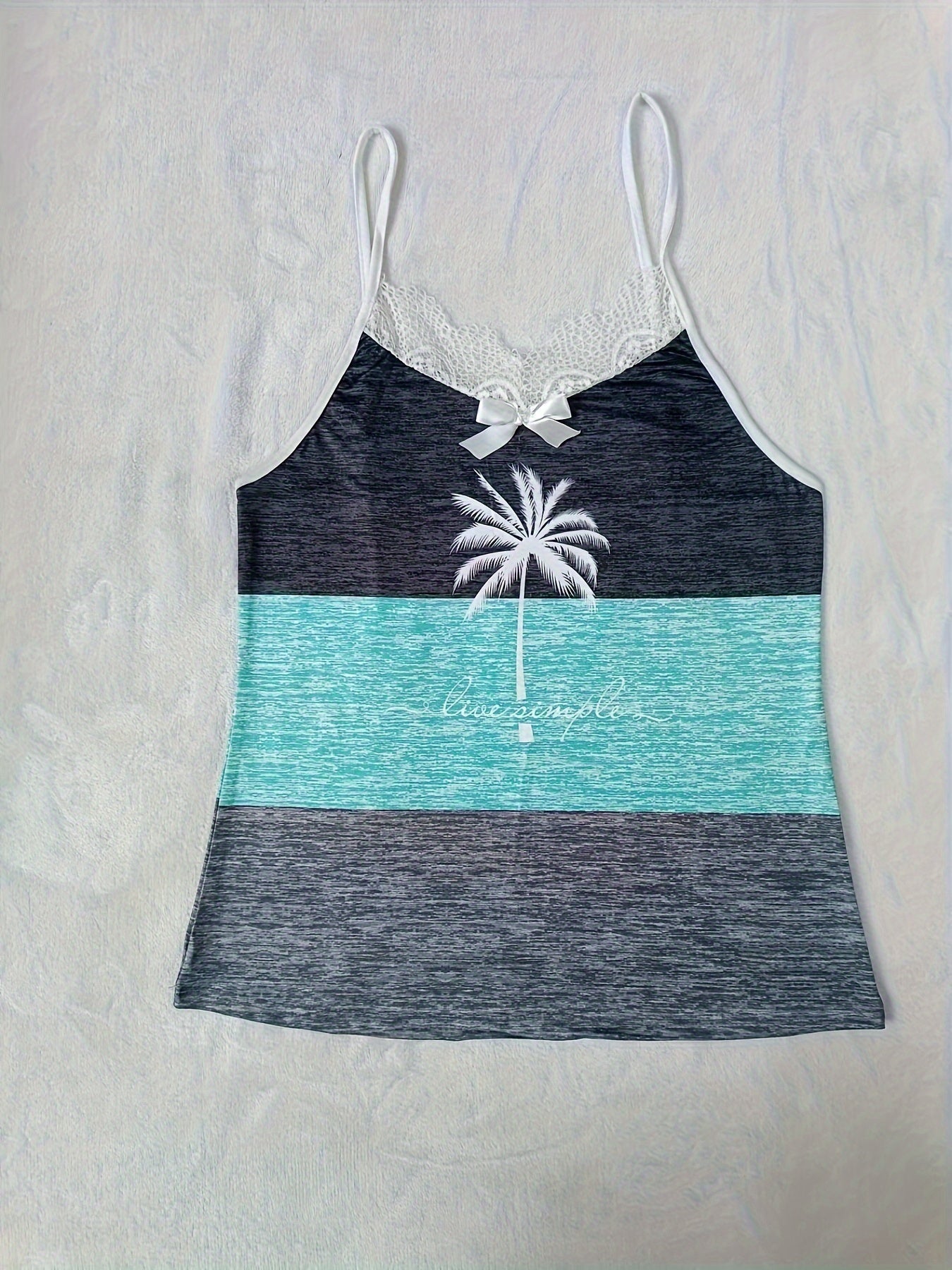 Women's Pajama Set with Lace Trim and Palm Tree Print Off-Shoulder Crop Top and Bow Shorts