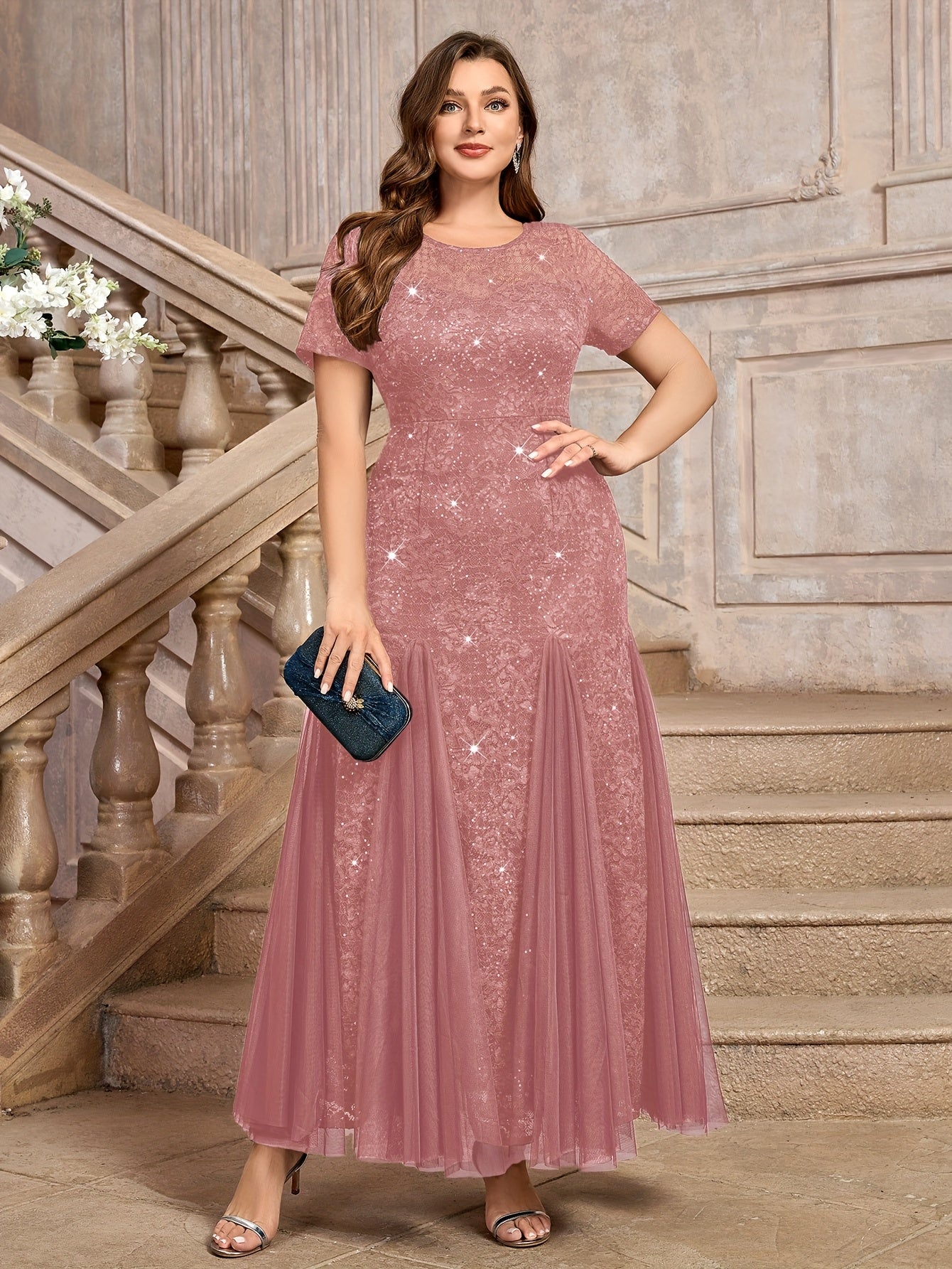 Plus Size Women's Navy Blue Sequin Lace Mermaid Maxi Dress for Formal Events