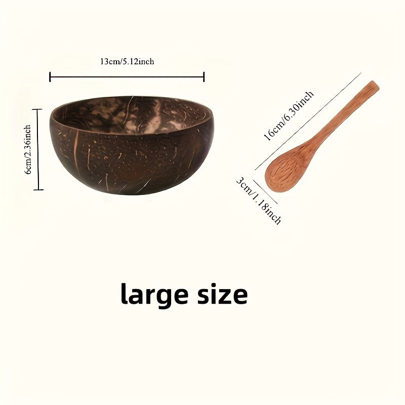 Set of 2 Coconut Shell Salad Bowls with Wooden Spoons for Fruits and Grains