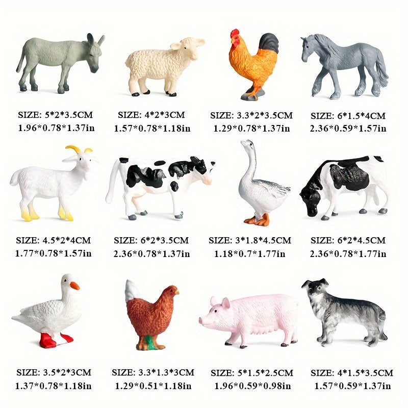 12-Piece Farm Animal Figures Set for Children Aged 3-6 PVC Miniature Play Animals Chickens Ducks Geese Horses Cows Educational Toy
