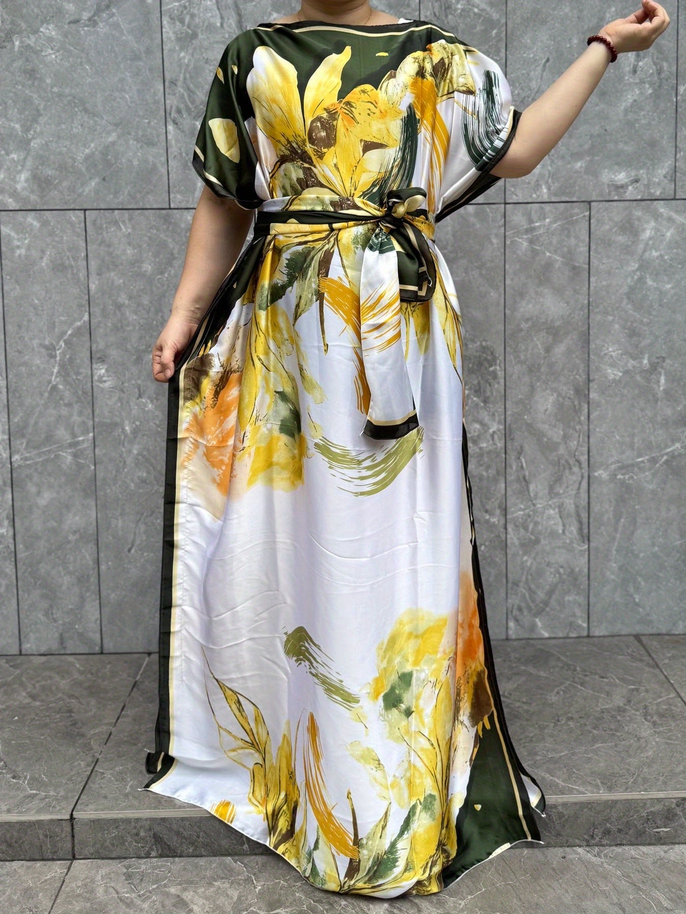 Plus Size Floral Pattern Kaftan Dress Longline Short Sleeve Summer Casual Gown