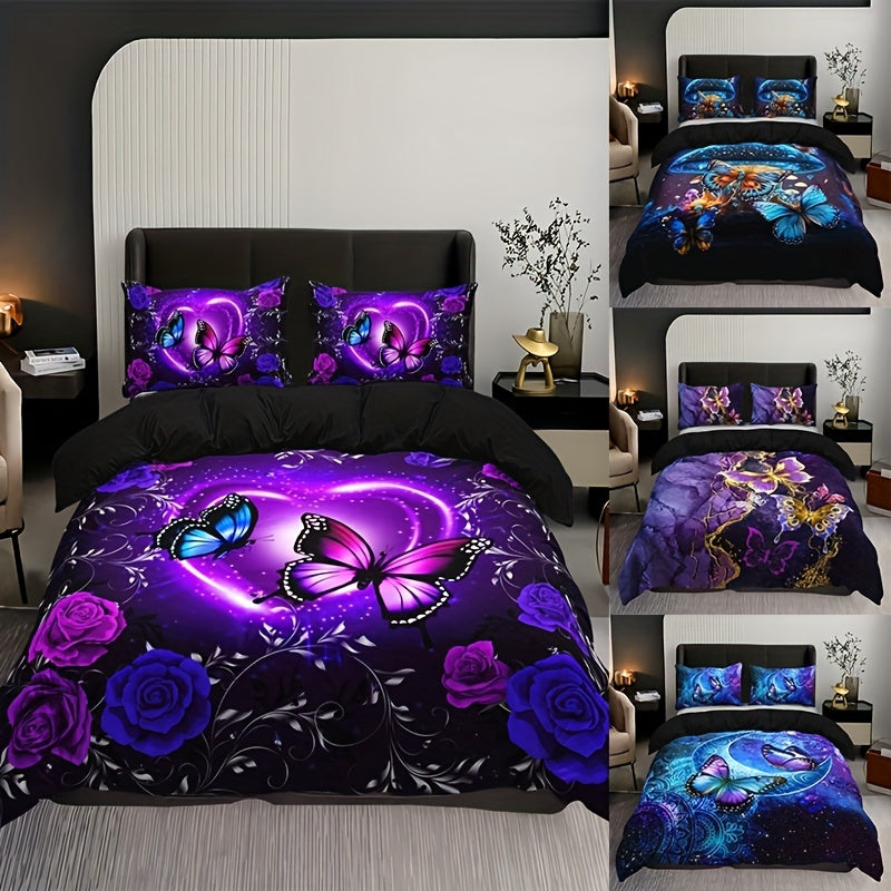 Butterfly Flower Digital Print Bedding Set 3-Piece Duvet Cover and Pillowcases