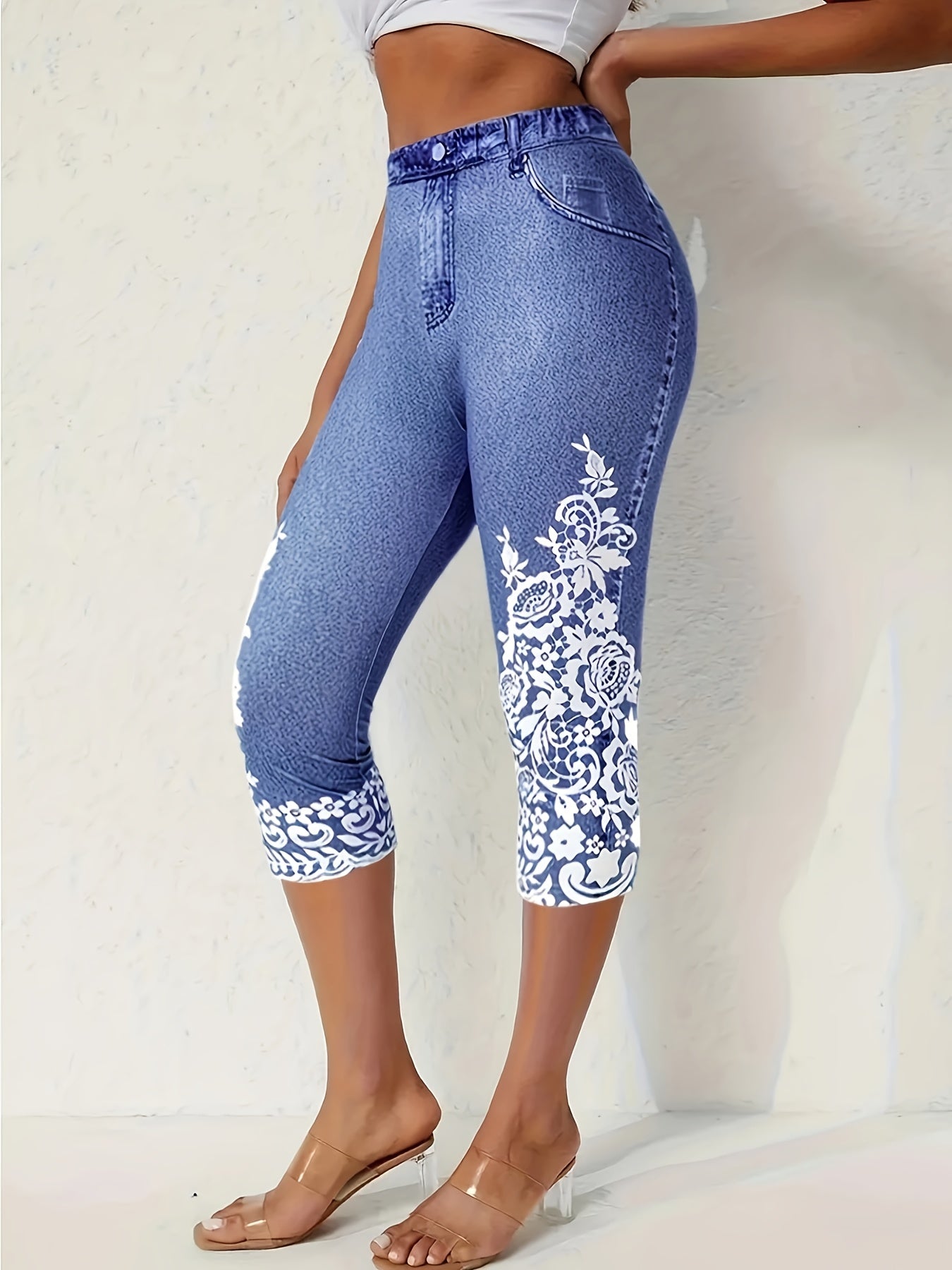 Women's Plus Size Denim Printed Capri Pants Two-Piece Set