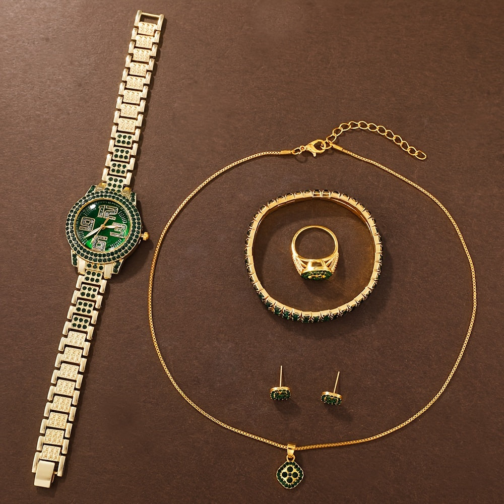 Ayollar modasi soati va zargarlik to'plami, yashil rhinestone, kvarts, an'anaviy, zanjirli taqinchoq, bilaguzuk, sirg'a, uzuk bilan