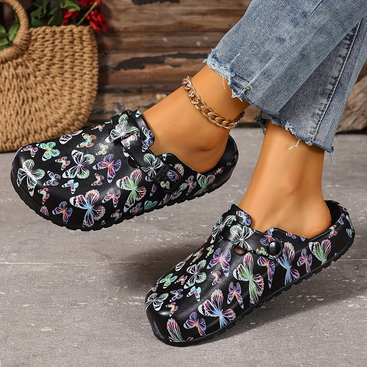 Women's EVA Sandals with Adjustable Straps Butterfly Print Breathable Flat Shoes