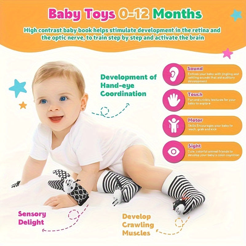 Baby Boys Girls Foot and Wrist Rattles Socks Sensory Development Black and White