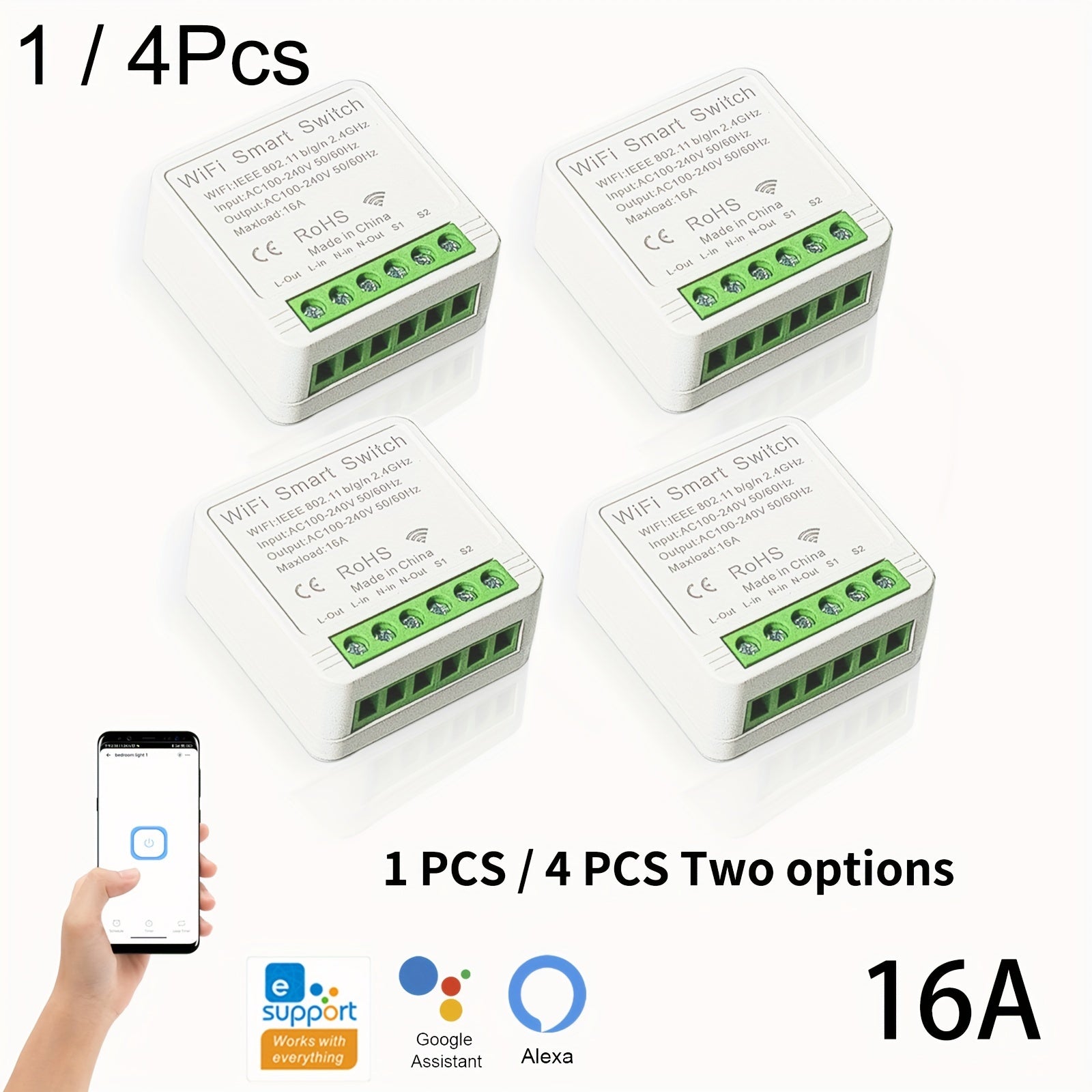 16A WiFi Smart Switch Compatible with Alexa Google Home Remote Voice Control DIY Mode LAN Control Without Hub