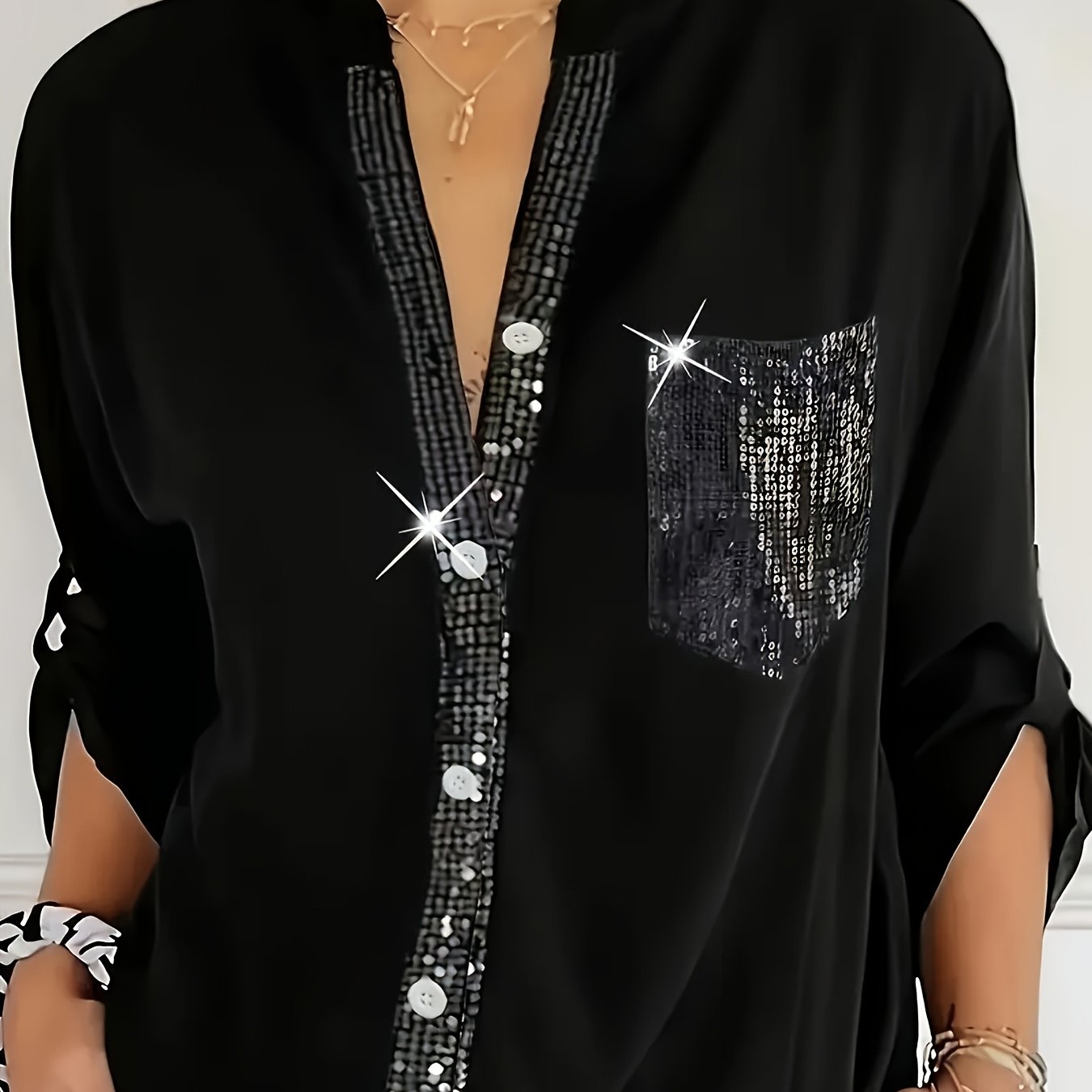 Women's V-Neck Blouse with Sequin Details Solid Color Long Sleeve Spring Fall