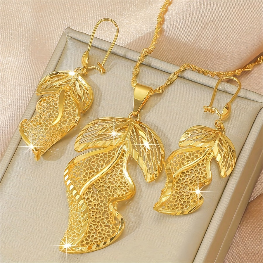 Wedding Jewelry Set with Hollow Leaf Earrings and Necklace 2 Pieces