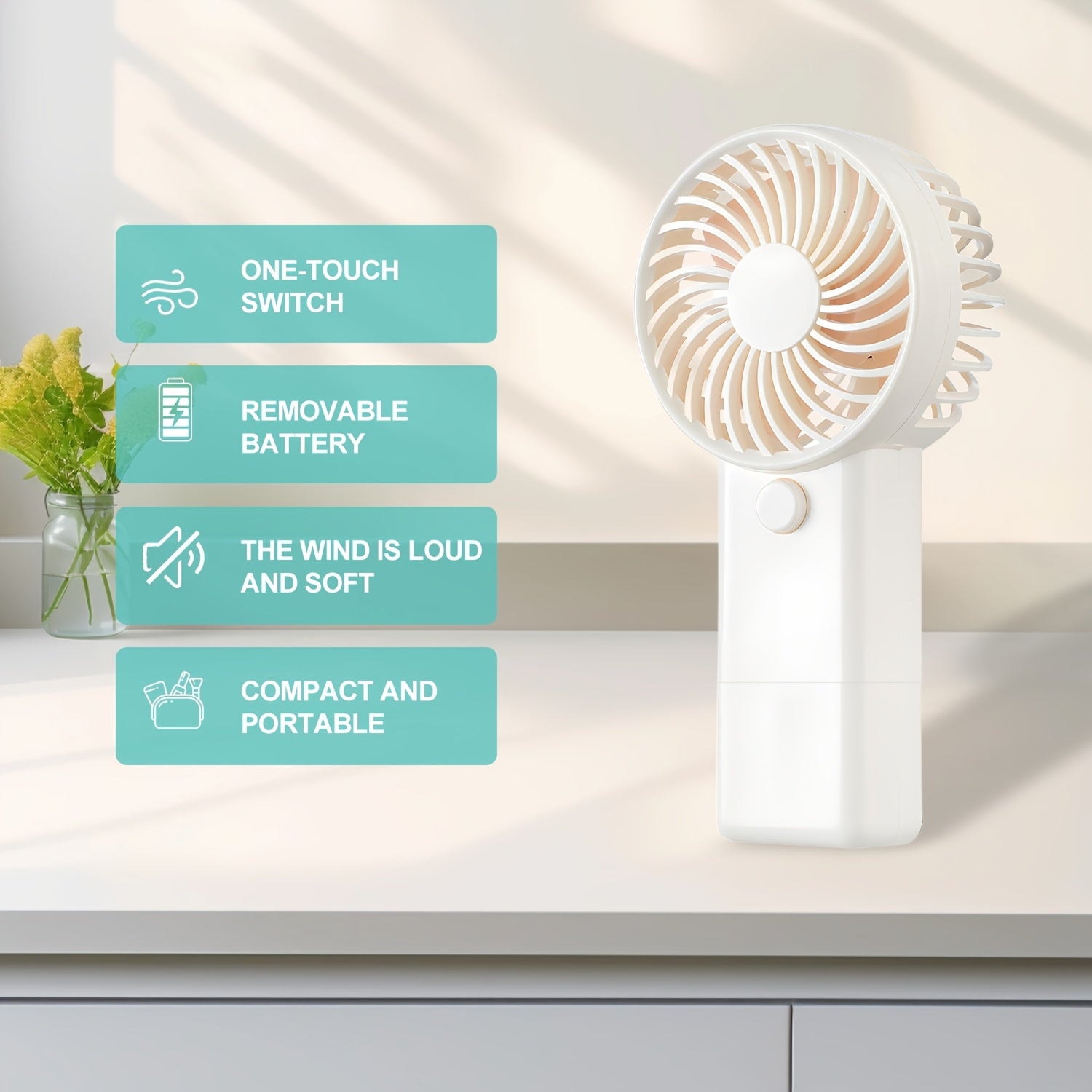 Oq rangda va yashil aksentlar bilan jihozlangan batareyali mini portativ ventilyator. Yengil, shovqinsiz va ofis, tashqarida, sayohat va lager uchun ideal. Har qanday joyda sovuq bo'ling! AAA batareyalar kiritilmagan.