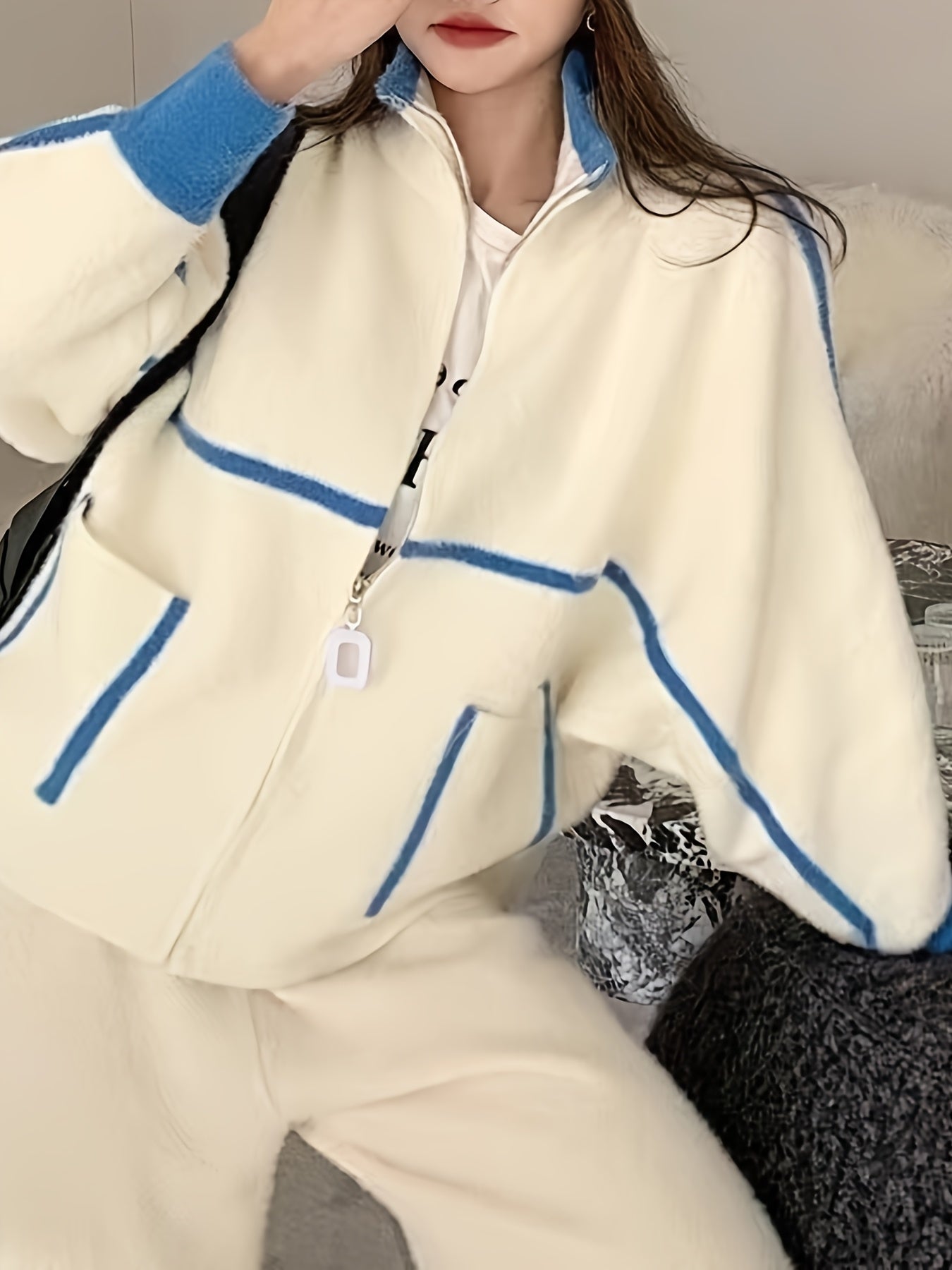 Women's Red Polyester Knit Cardigan with Hooded Zip-Up Jacket and Contrast Trim