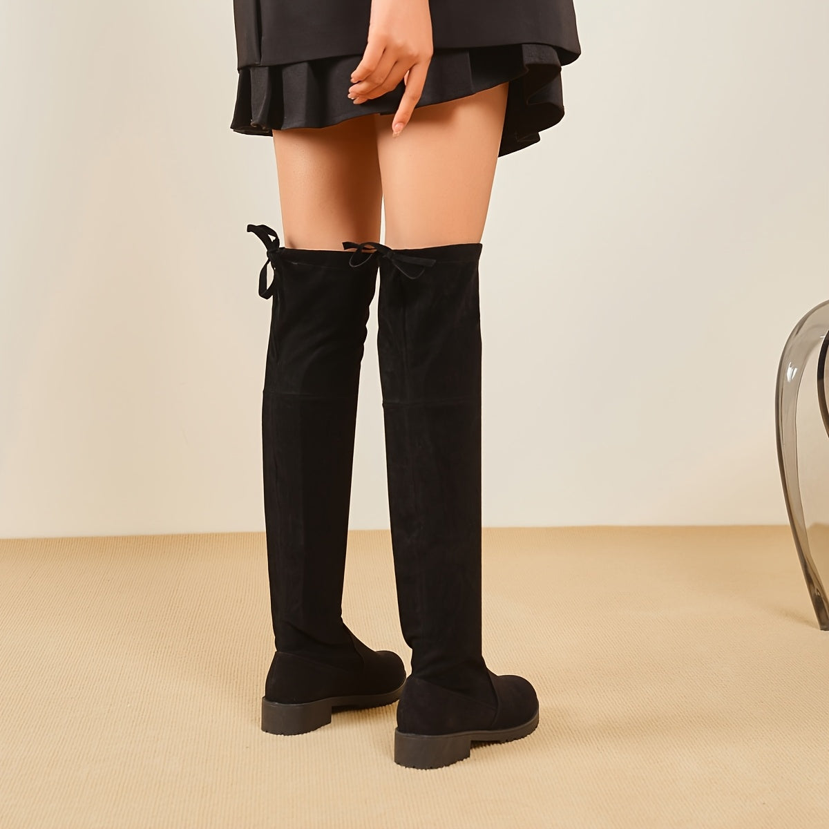 Women's Black Over-the-Knee Stretch Boots with Glossy Finish