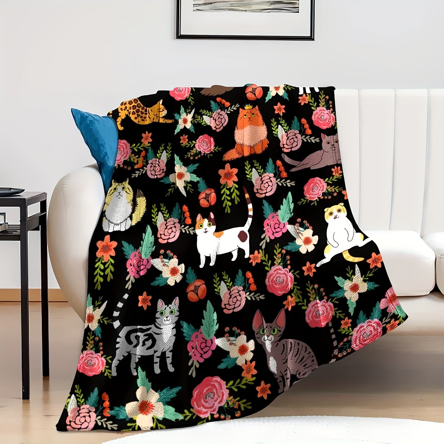 Knitted Polyester Wearable Blanket with Vintage Animal and Floral Design for Adults