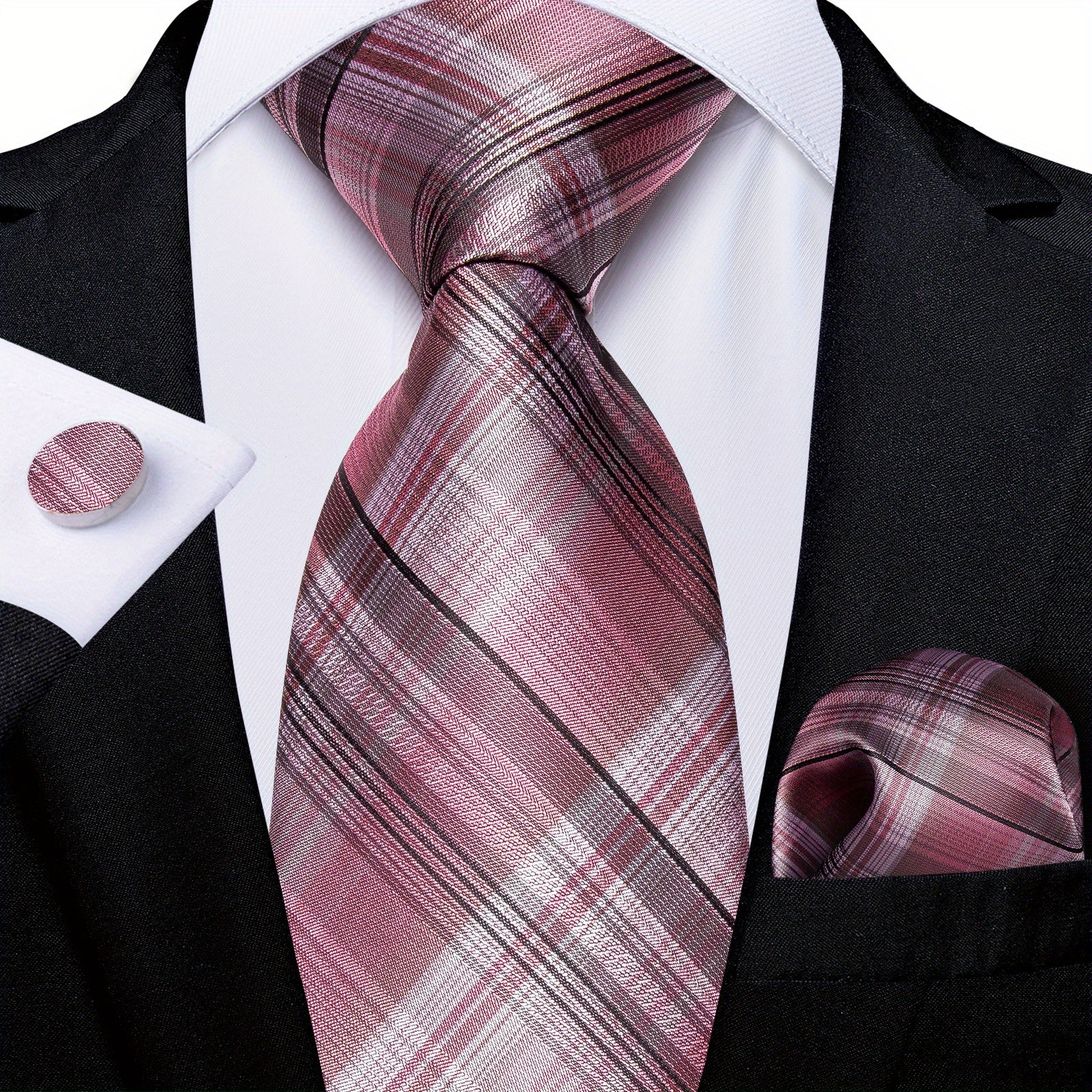 Stylish Men's Pink Patterned Tie Set with Pocket Square, Hanky, and Cufflinks - Perfect for Weddings or as a Gift