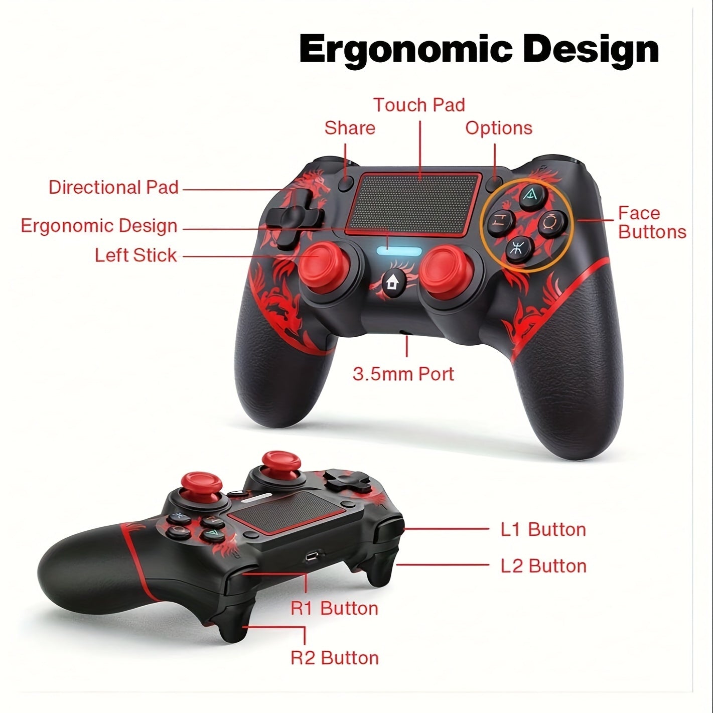 Wireless PS4 Controller with Dual Vibration 6-Axis Touchpad 3.5mm Audio Black Red