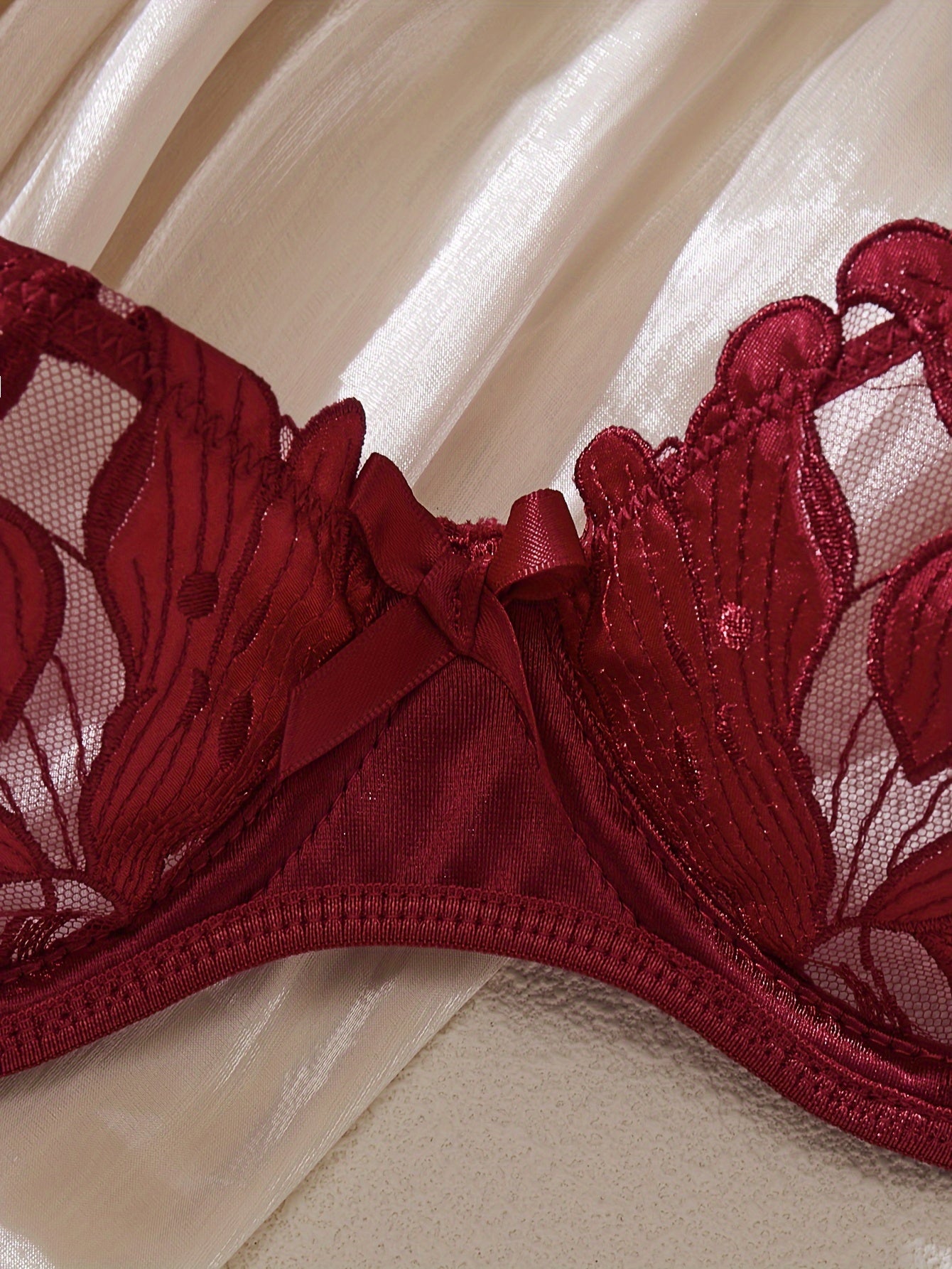 Women's Floral Embroidered Sheer Lingerie Set with Bra and Thong Panty