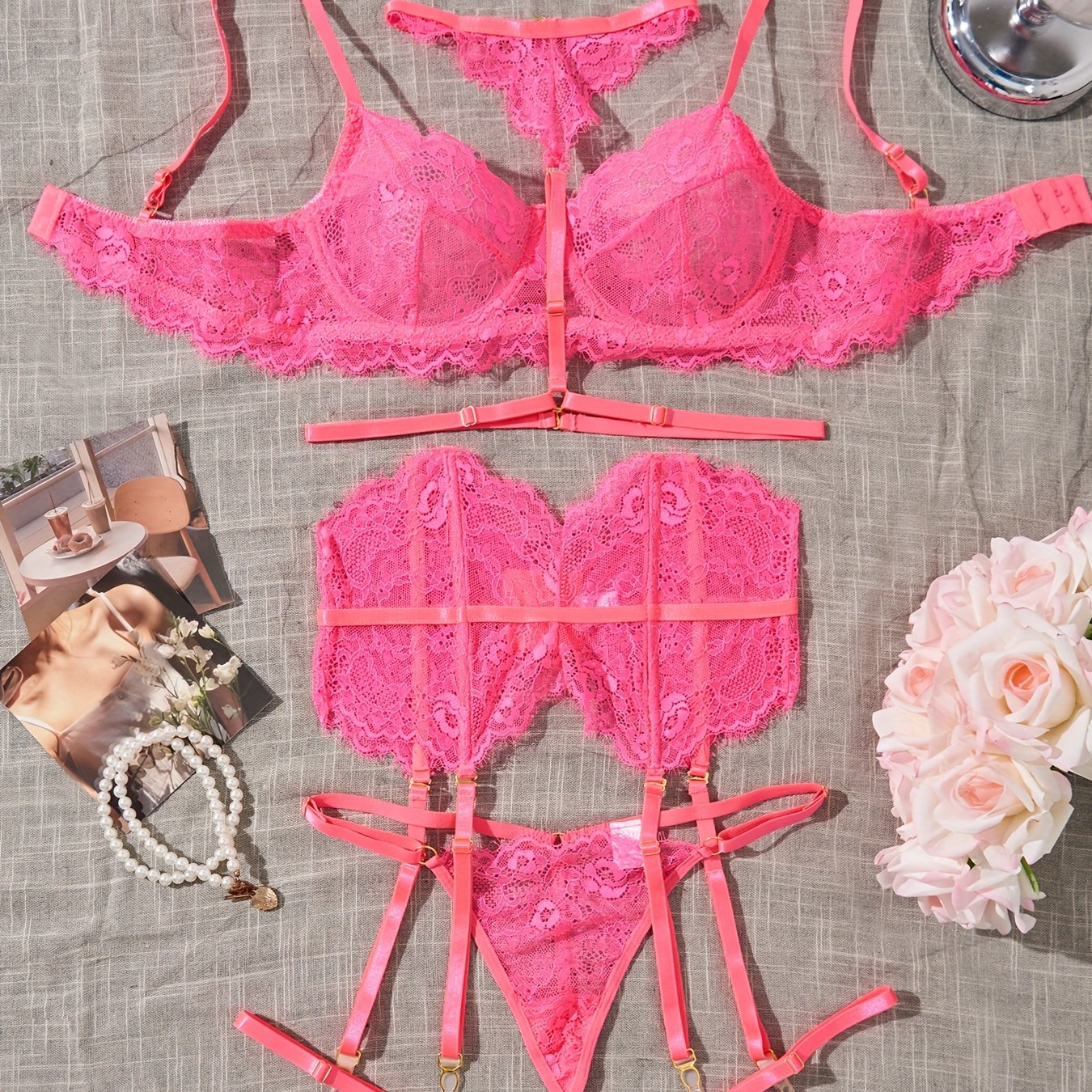 See-Through Lace Lingerie Set for Women with Bra and Thong
