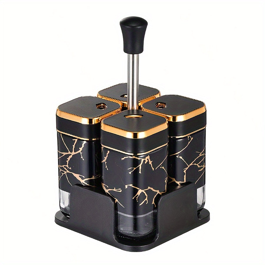 Glass Oil and Vinegar Dispenser Set with Salt and Pepper Shakers and Marble Stand
