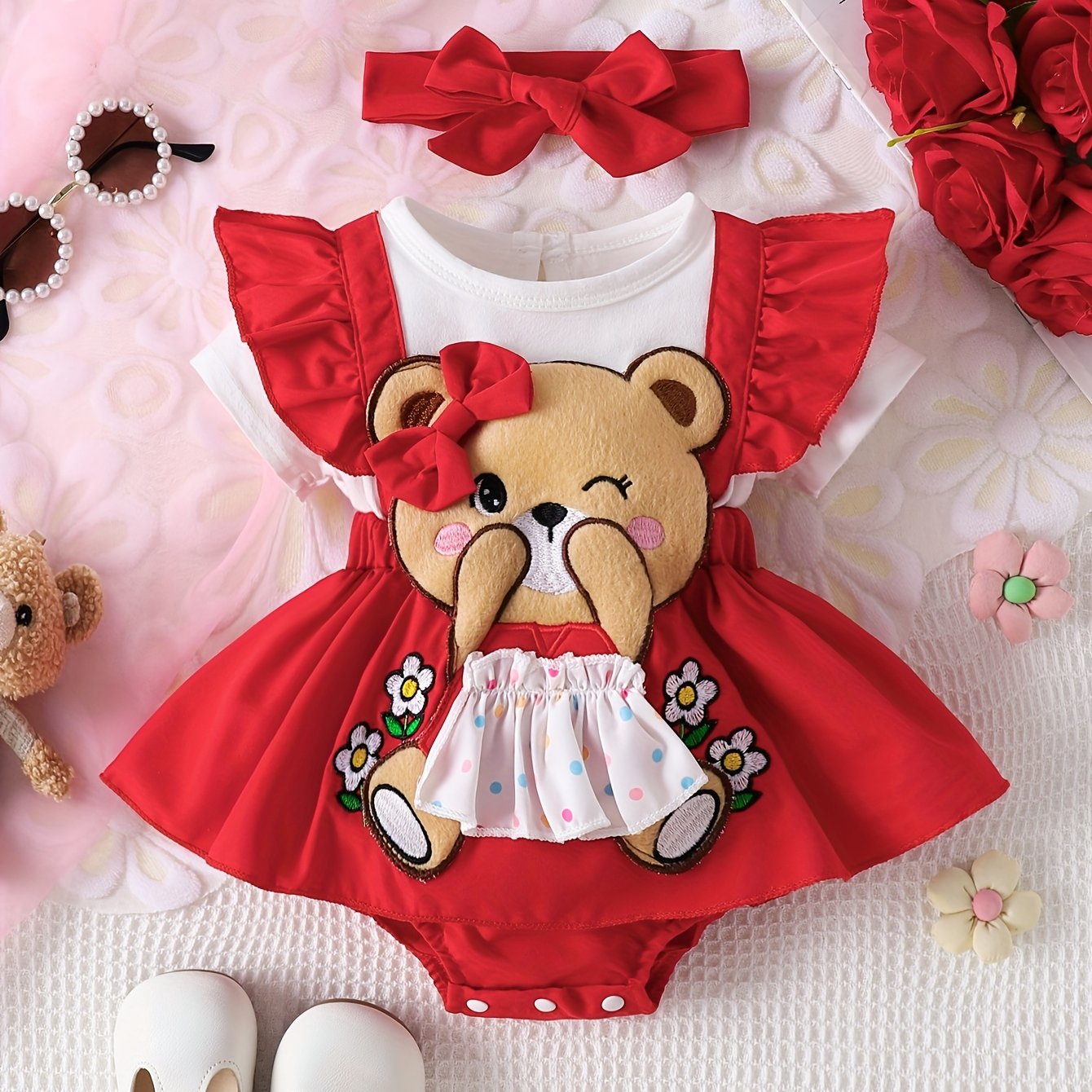 Baby Girl Summer Romper Cotton Bow Bear Embroidery for Newborns Outdoor Wear