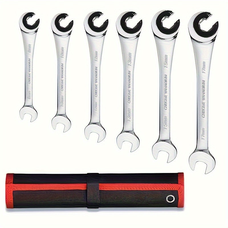 6-Piece Fixed Head Tubing Ratchet Wrench Set Open End Automotive Hand Tools