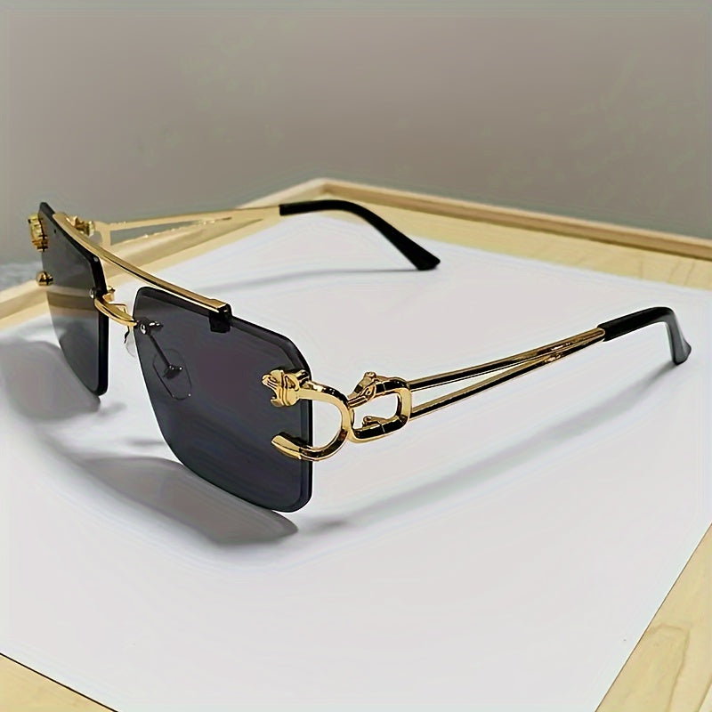 Men's Square Frameless Sunglasses with Gold Tiger Head Decoration for Driving and Eye Protection