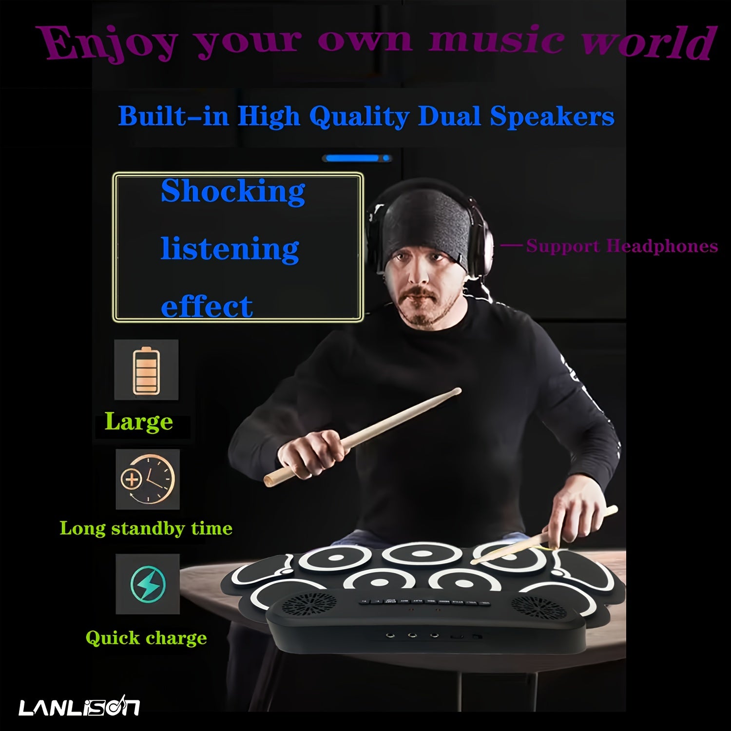 Roll-up Electronic Drum Set with 9 Practice Pads Built-in Speakers and 10-Hour Playtime