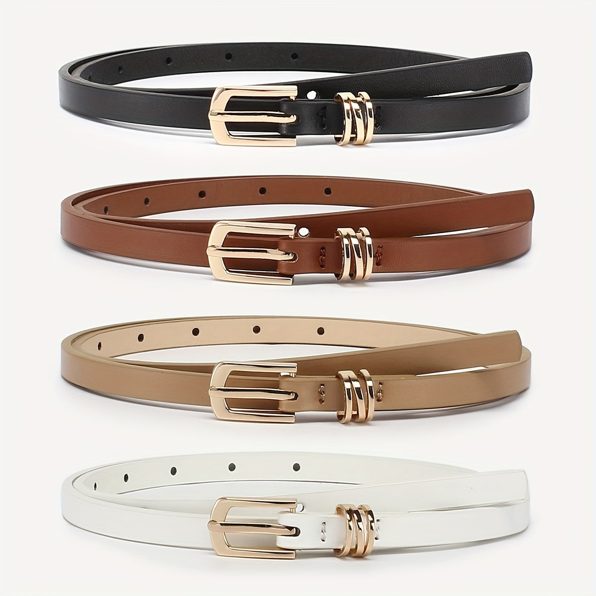 Kundalik kiyim uchun to'rt nafar ayollar uchun PU kamar to'plami, yupqa pin buckli bilan, bir nechta ranglarda