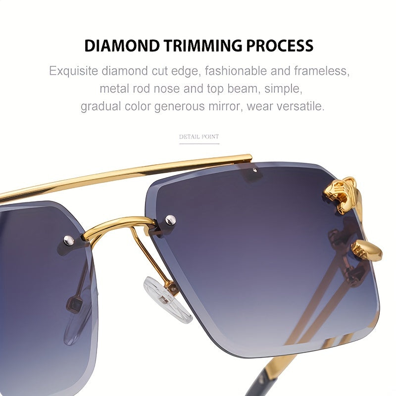 Unisex Rimless Double Bridge Square Metal Glasses with Gold Leopard Temples