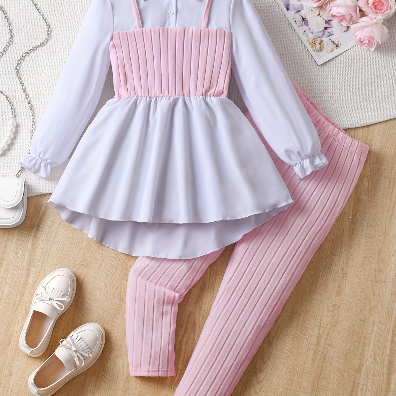 Qizlar uchun 2-qismli zamonaviy kiyim: Uzun yengli bir rangli bluzka va kesish dizayni, tor shimlar bilan birga. Bahor va kuzda ochiq havoda faoliyatlar uchun mukammal.