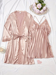 Large Size Ice Silky Fiber Sleepwear Set with Contrast Lace and Split Hem