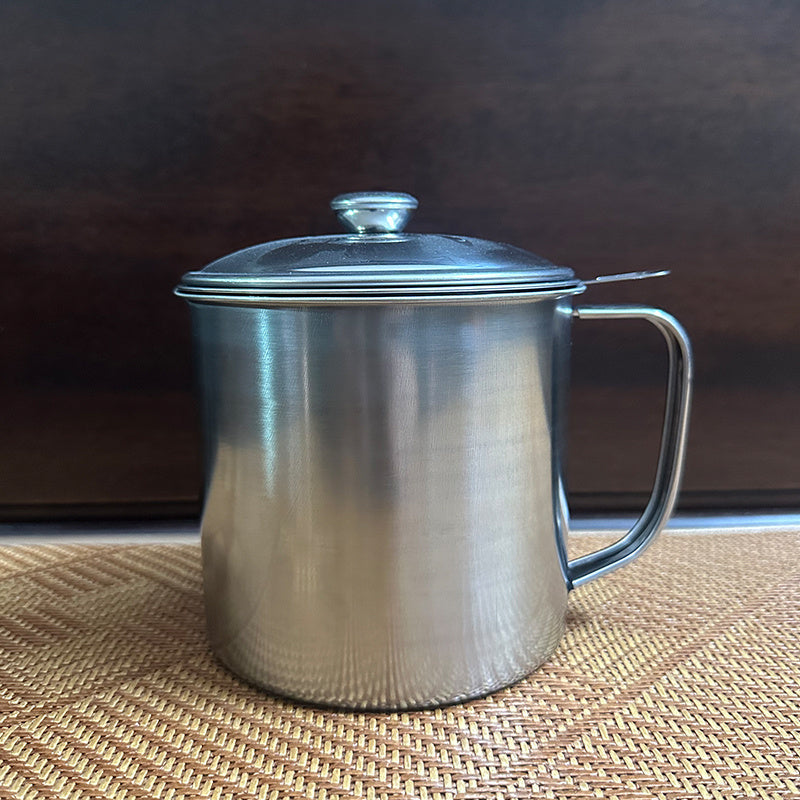 Stainless Steel Oil Storage Container with Strainer 43.96oz Kitchen Filtration Pot