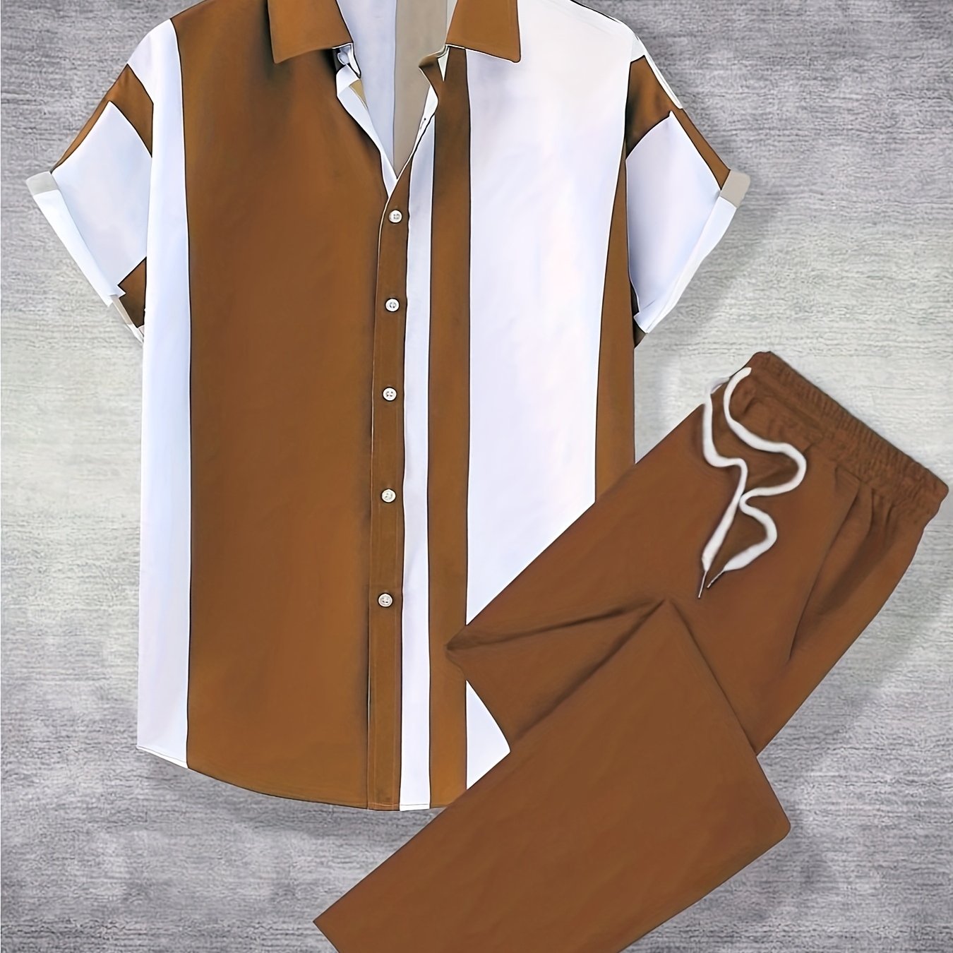 Men's Casual Outfit Set Short Sleeve Shirt and Straight Pants Polyester Geometric