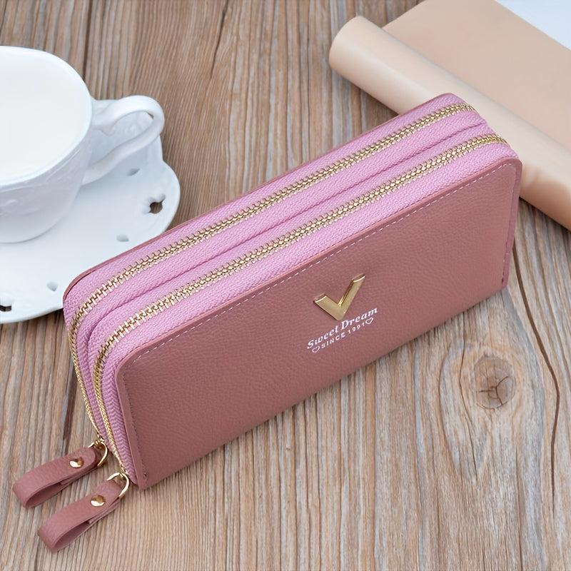 Women's Synthetic Leather Wallet with Dual Zipper Closure and Multiple Card Slots in Grey Pink Purple Burgundy Black