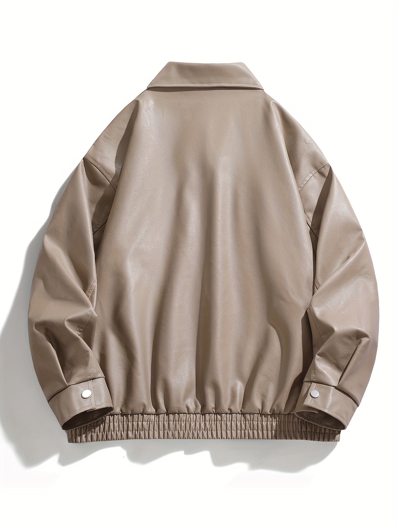 Erkaklar uchun retro PU charm kurtka, qora silliq qoplama, zip-up yopilishi va qopqoqli cho'ntaklar bilan.