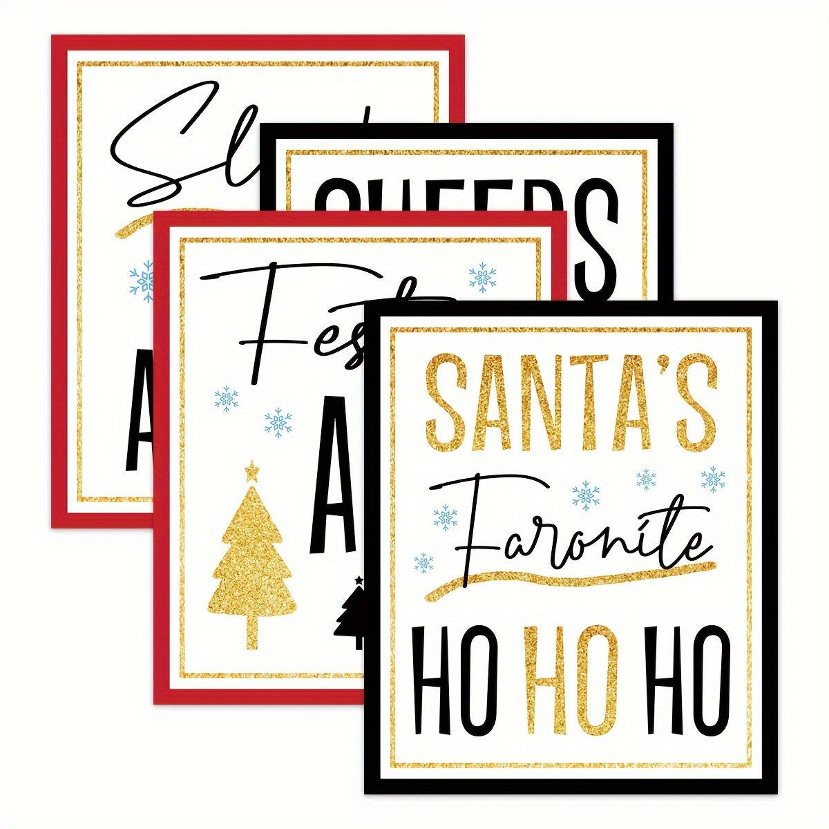 Black and Gold Christmas Wine Labels for Holiday Party Decorations Set of 4