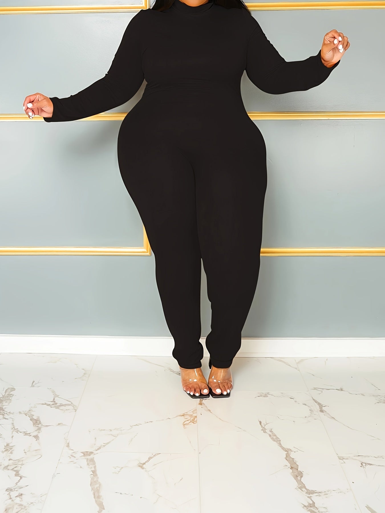 Plus Size Women's Casual Long Sleeve Skinny Jumpsuit in Solid Colors