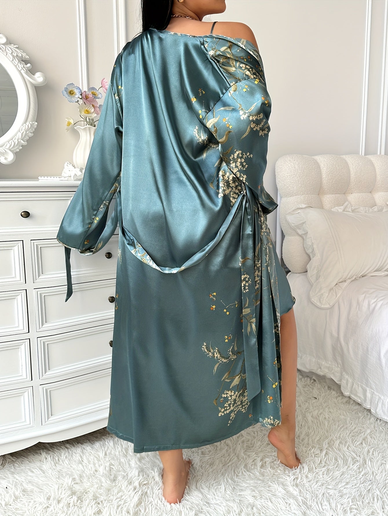 Plus Size Women Long Robe Nightgown Set Puff Sleeves Halter Neck