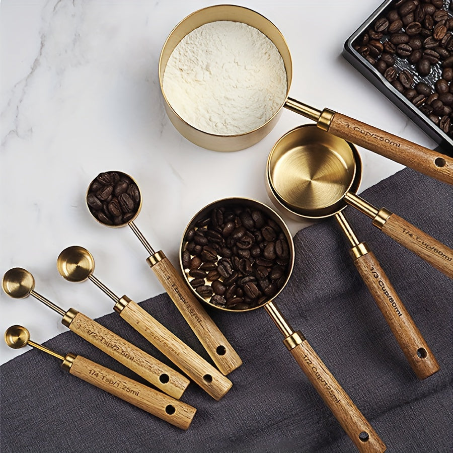 Set of 4 Stainless Steel Measuring Cups and Spoons with Wooden Handles