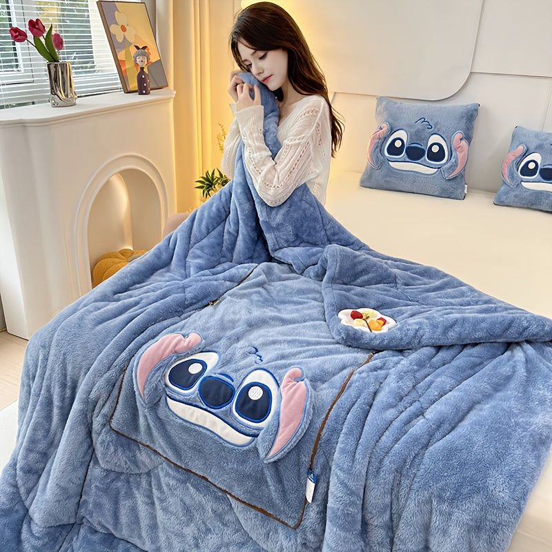 2-In-1 Pillow and Blanket Set for Adults Polyester Cartoon Travel Office Winter